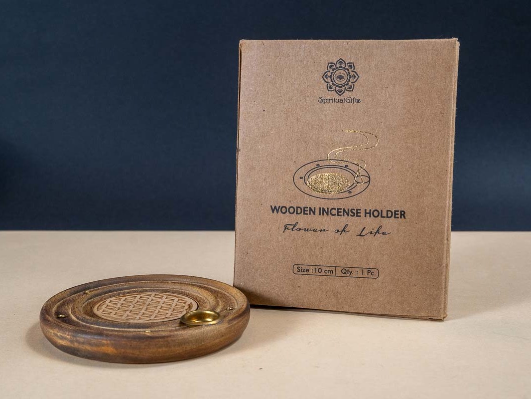 Porte-encens rond en bois motif Fleur de vie