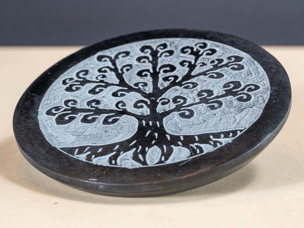 Porte-encens rond en pierre avec motif arbre de vie